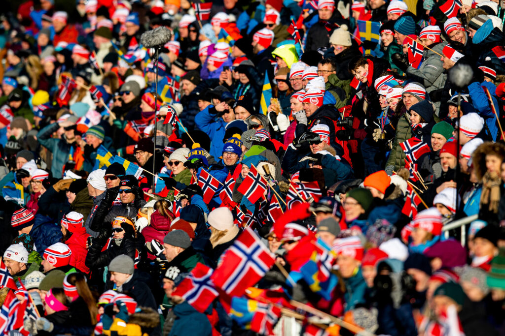 Spectators watch the cross-country skiing sprint during the Ski Tour 2020 on February 22, 2020 at Granåsen in Trondheim.