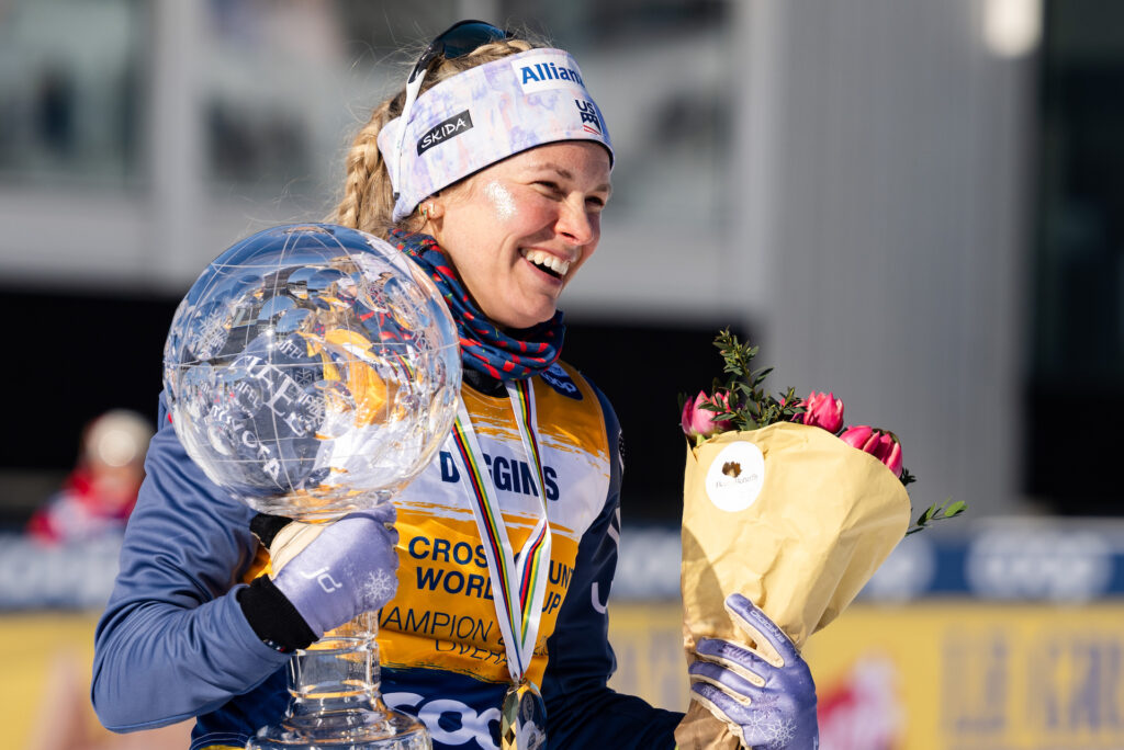 Jessie Diggins of United States celebrates after the women's 20km mass start during the FIS Cross-Country World Cup on March 17, 2024 in Falun.