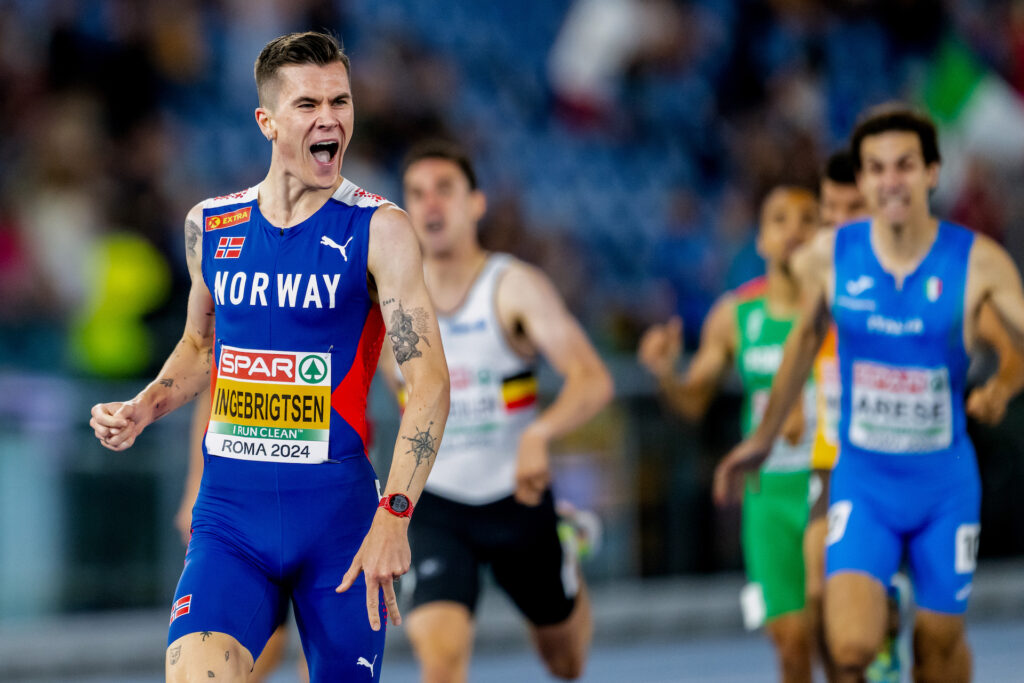Jakob Ingebrigtsen of Norway celebrates winning men's 1500 meters final during day 6 of the 2024 European Athletics Championships on June 12, 2024 in Rome.
