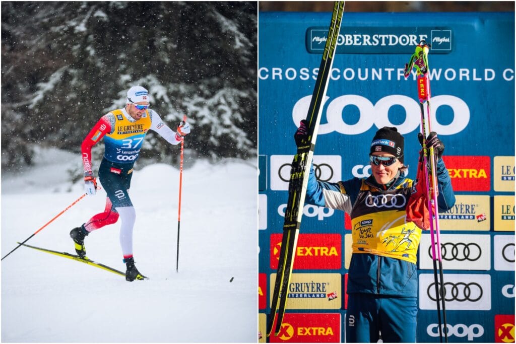 Emil Iversen (til venstre) og Johannes Høsflot Klæbo er uenige om det kan forlanges at landslagsutøverne skal stå løpet ut under konkurranser som Tour de Ski.