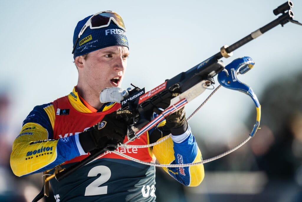 Sebastian Samuelsson of Sweden competes in men's 15 km biathlon mass start during the IBU World Cup on March 20, 2022 in Oslo.