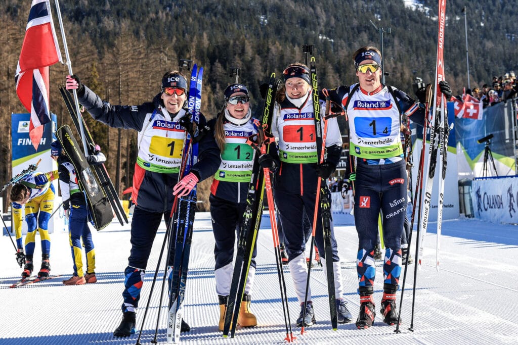 Det norske gullaget på mixedstafetten i skiskytter-EM 2023: Erlend Bjøntegaard, Karoline Erdal, Maren Hjelmeset Kirkeeide og Vebjørn Sørum.