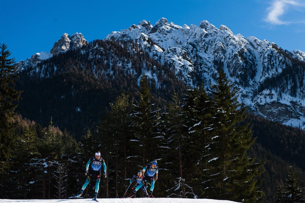 Jean Marc Gaillard and Adrien Backscheider of France competes in the men’s 15 km free technique interval start during Tour de Ski on December 31, 2019 in Toblach.