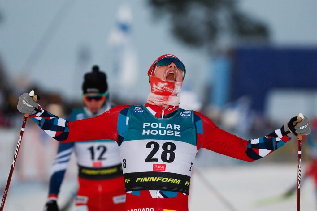 Jan Thomas Jenssen of Norway celebrates after the men's 20 km mass start free technique during the FIS Cross-Country World Cup on November 26, 2023 in Ruka.