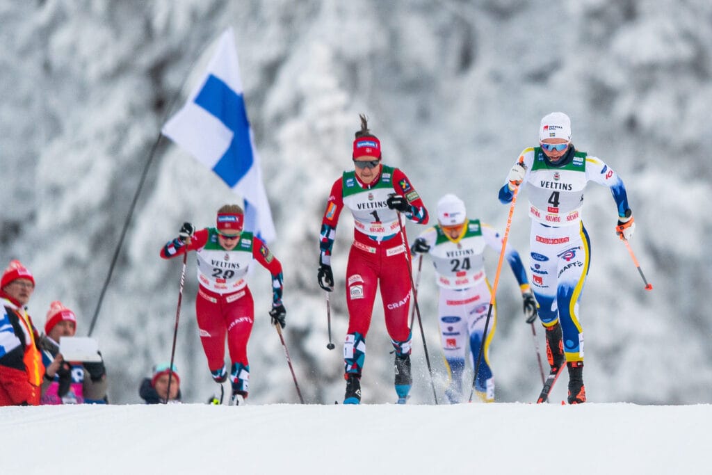 Anna Svendsen of Norway, Ane Appelqvist Stenseth of Norway, Ingrid Hallquist of Sweden, Emma Ribom of Sweden Sprint Ruka 2022