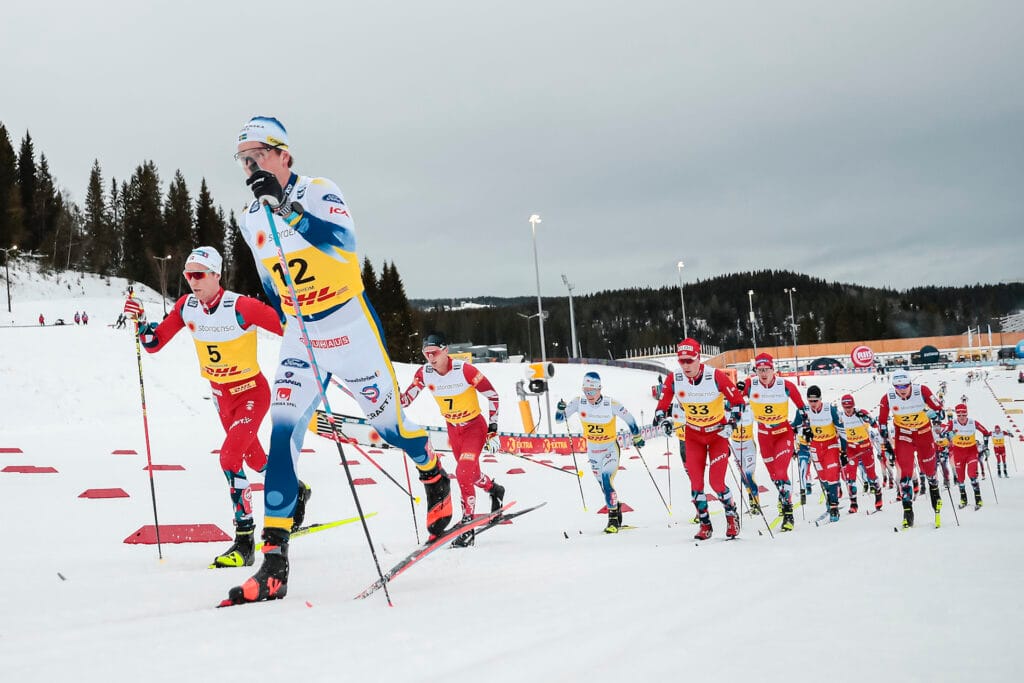Didrik Tønseth (NOR), Calle Halfvarsson (SWE), (l-r) - FIS world cup cross-country, skiathlon, Trondheim (NOR).