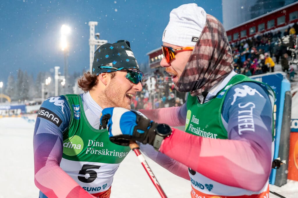 James Clinton Schoonmaker (USA), Ben Ogden (USA), (l-r) - FIS world cup cross-country, individual sprint, Oestersund (SWE).