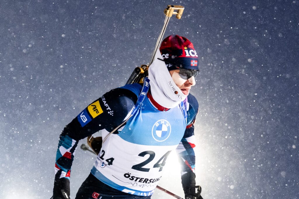 Sturla Holm Lægreid of Norway competes in men's 10 km sprint during the IBU World Cup on December 2, 2023 in Östersund.