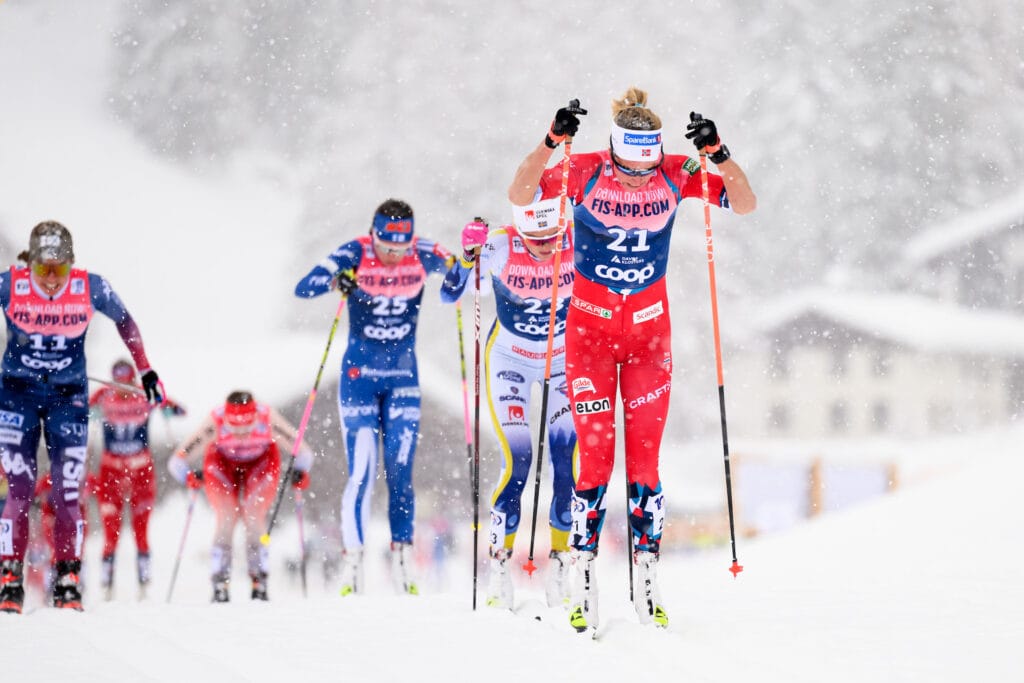 Astrid Øyre Slind of Norway competes in women's cross country skiing 20 km classic technique pursuit during Tour de Ski on January 4, 2024 in Davos.