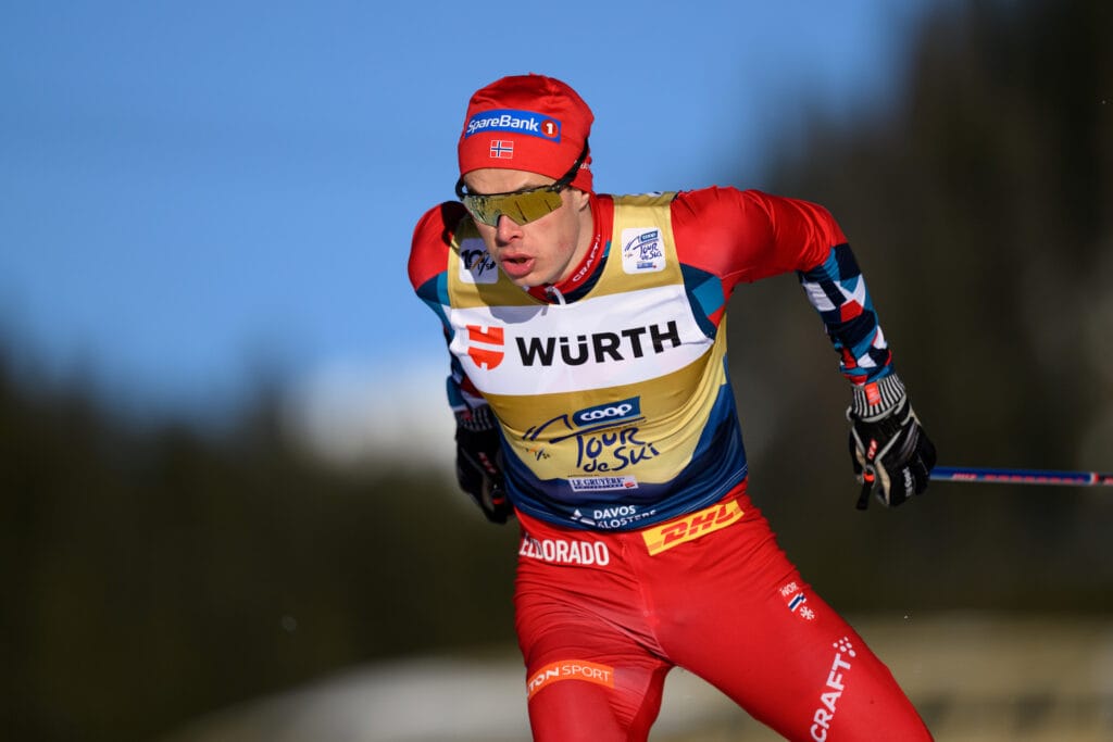 Harald Østberg Amundsen of Norway competes in men's sprint qualification during Tour de Ski on January 3, 2024 in Davos.