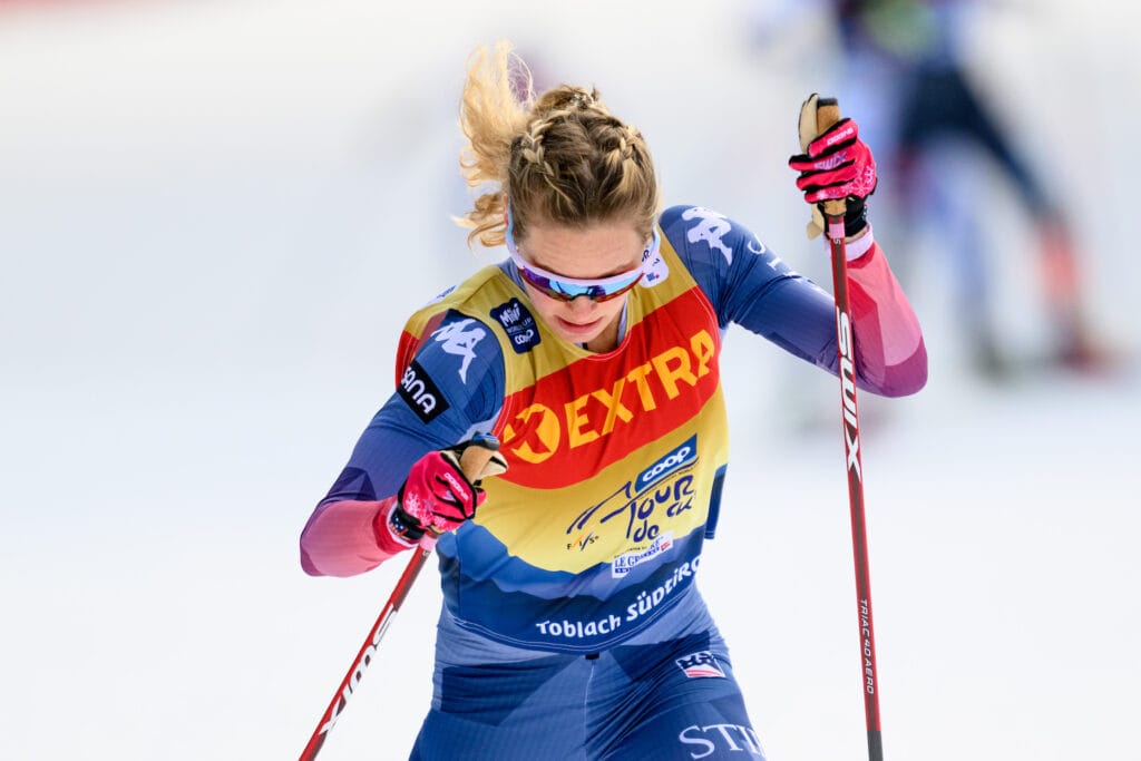 essie Diggins of United States competes in women's cross country skiing 20 km free technique pursuit during Tour de Ski on January 1, 2024 in Toblach