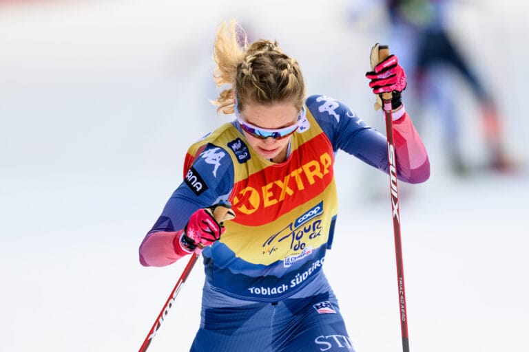 essie Diggins of United States competes in women's cross country skiing 20 km free technique pursuit during Tour de Ski on January 1, 2024 in Toblach