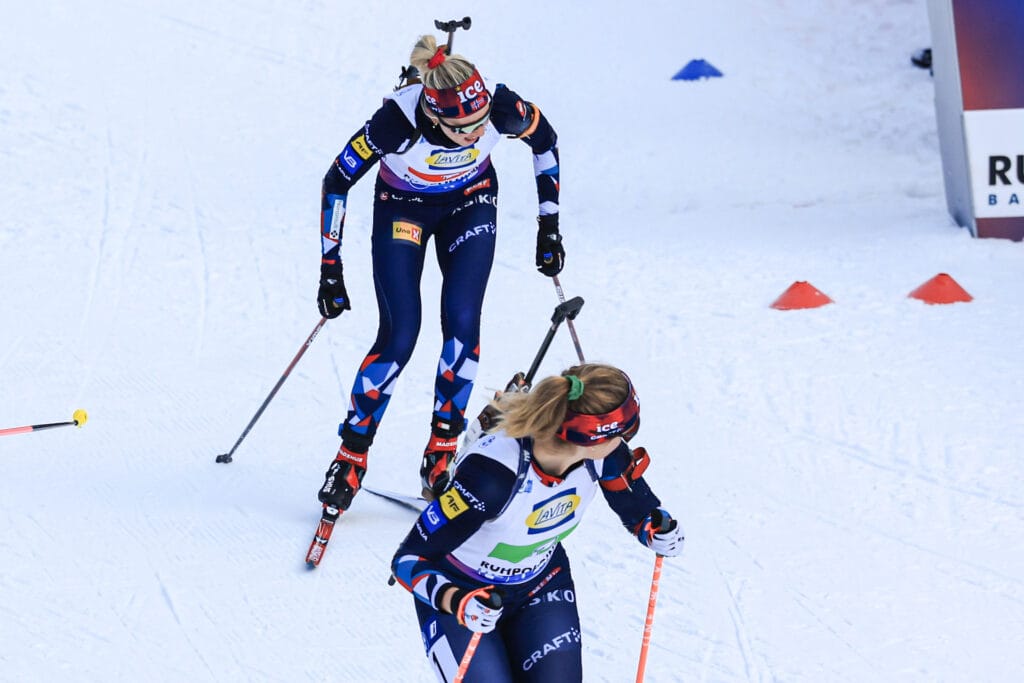 Marit Ishol Skogan (NOR), Karoline Offigstad Knotten (NOR), (l-r) - IBU World Cup Biathlon, relay women, Ruhpolding (GER).