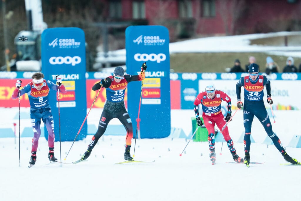 Ben Ogden (USA), Marius Kastner (GER), Paal Golberg (NOR), Alessandro Chiocchetti (ITA), (l-r) - FIS world cup cross-country, tour de ski, individual sprint, Toblach (ITA).
