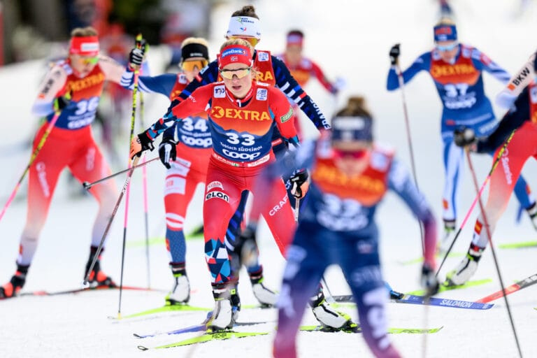 Silje Theodorsen of Norway competes in women's cross country skiing 20 km free technique pursuit during Tour de Ski on January 1, 2024 in Toblach.