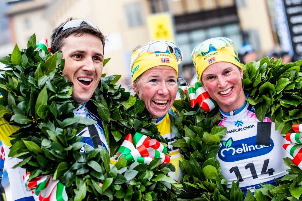 Berdal Tore Bjoerseth (NOR), Slind Astrid Oeyre (NOR), Gjeitnes Kari Vikhagen (NOR), (l-r) - Visma Ski Classics and FIS Marathon Cup Marcialonga, Molina di Fiemme (ITA).