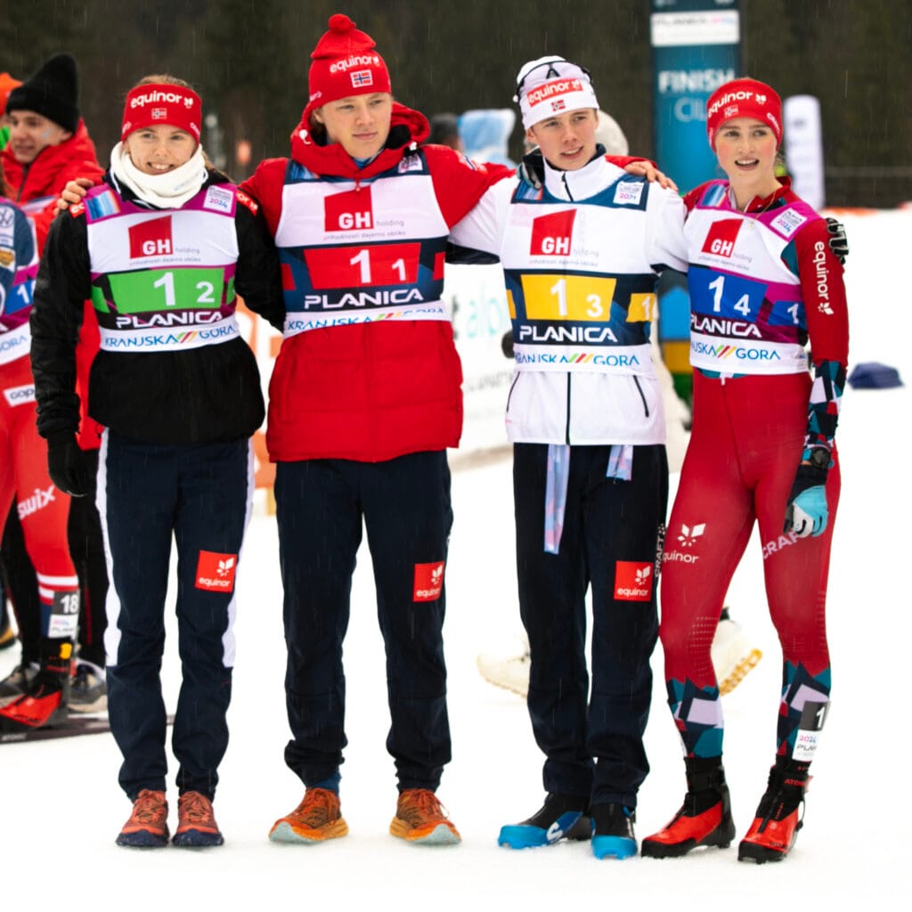 Norges lag til stafetten i junior-VM 2024: Anikken Sand, Mens Melbye, Jørgen Nordhagen, Milla Grosberghaugen Andreassen
