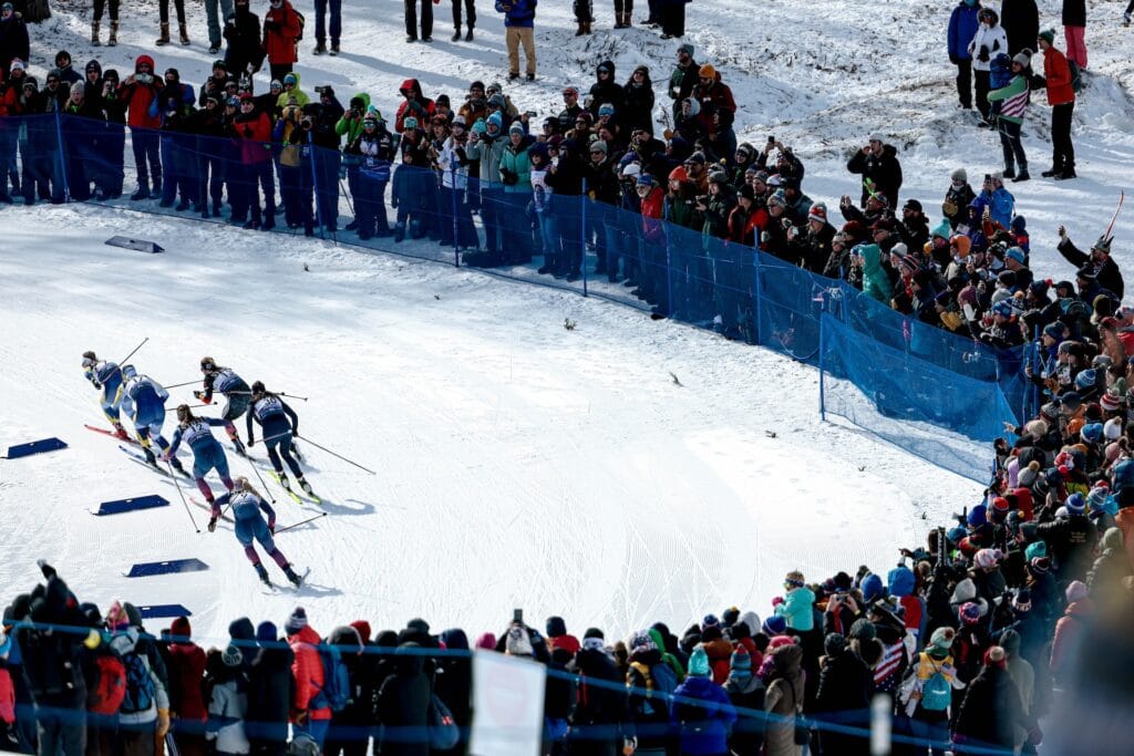 17.02.2024, Minneapolis, United States of America (USA):
Johanna Hagstroem (SWE), Maja Dahlqvist (SWE), Rosie Brennan (USA), Anna-Maria Dietze (GER), Caterina Ganz (ITA), Samantha Smith (USA), (l-r)  - FIS world cup cross-country, individual sprint, Minneapolis (USA).
