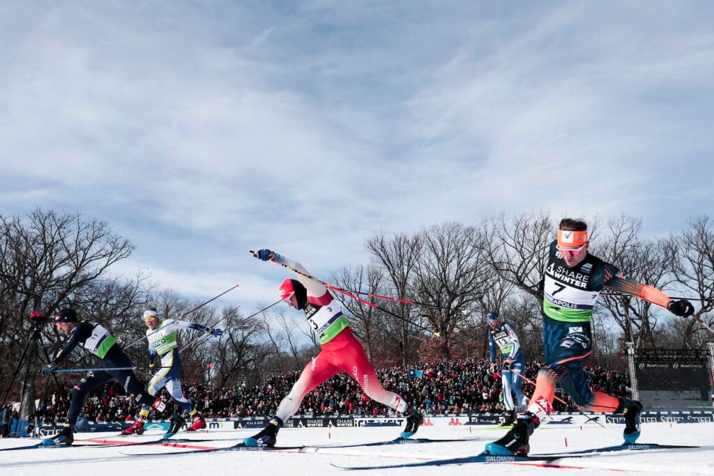James Clugnet (GBR), Valerio Grond (SUI), Simone Dapra (ITA), Edvin Anger (SWE), (l-r) - FIS world cup cross-country, individual sprint, Minneapolis (USA).