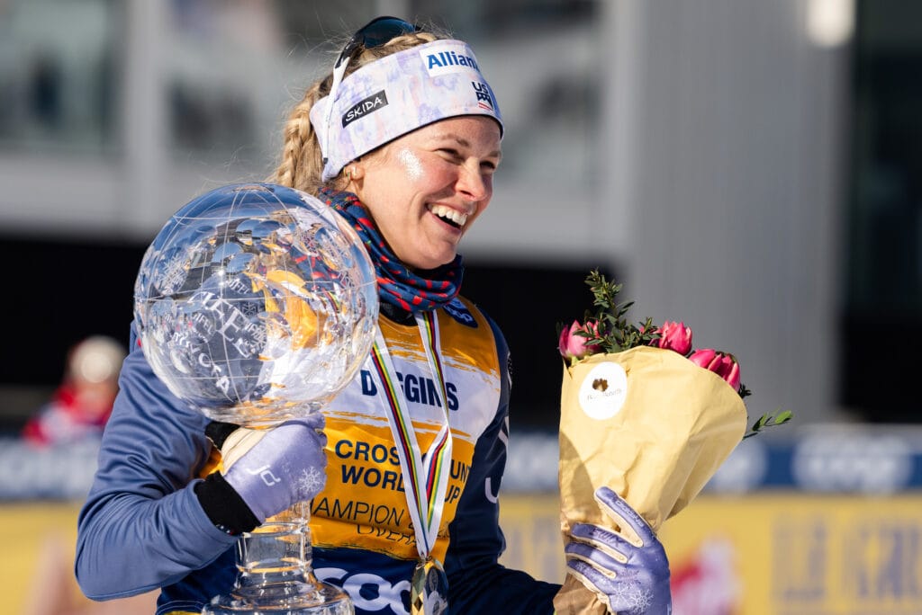 Jessie Diggins of United States celebrates after the women's 20km mass start during the FIS Cross-Country World Cup on March 17, 2024 in Falun.
