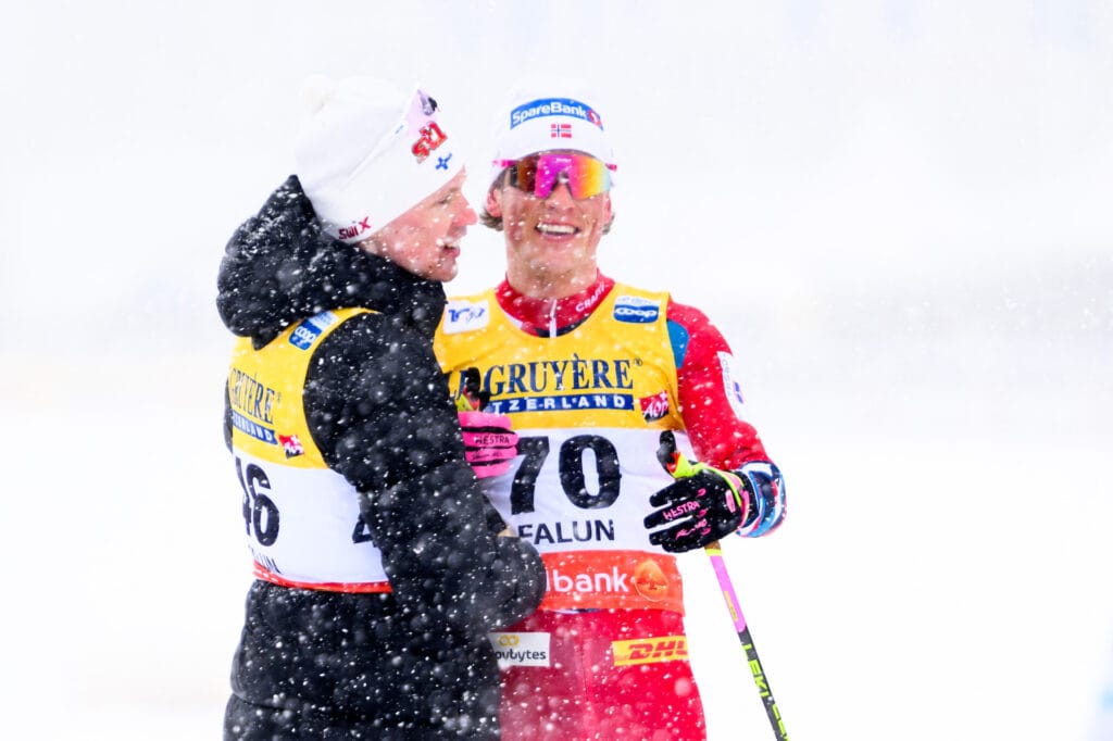 Iivo Niskanen of Finland and Johannes Høsflot Klæbo of Norway after the men's Cross Country Skiing 10 km Free Technique Interval Start during the FIS Cross-Country World Cup on March 16, 2024 in Falun.