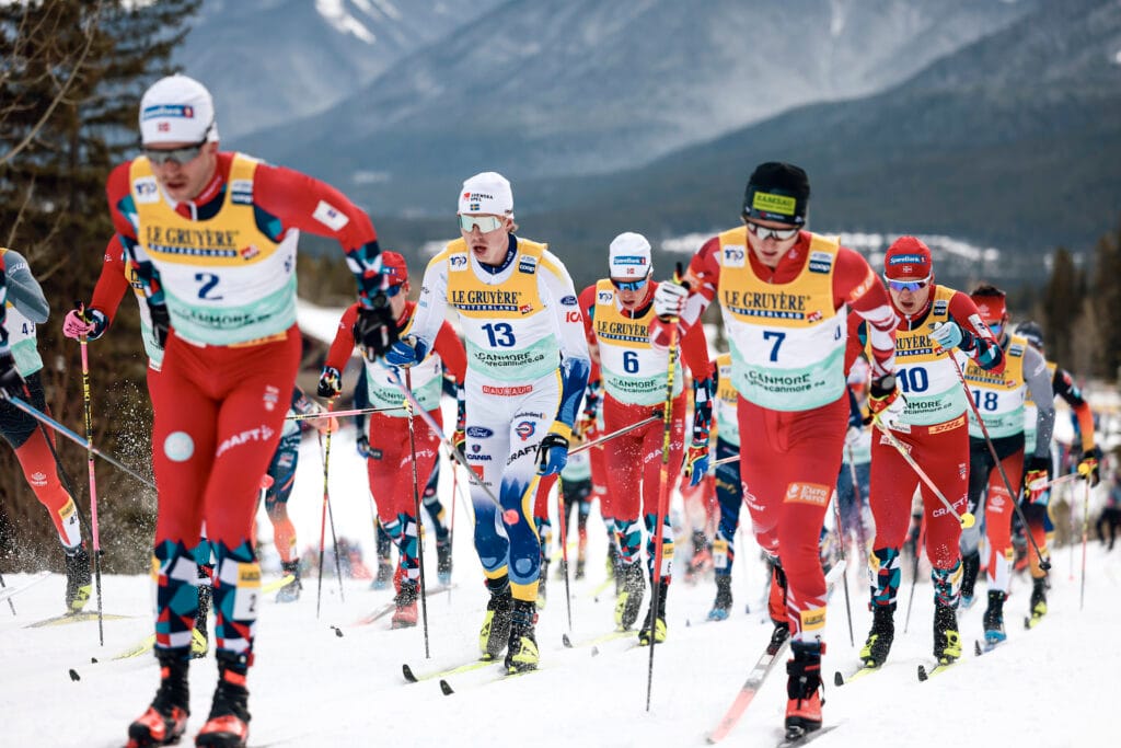 William Poromaa (SWE), Martin Loewstroem Nyenget (NOR), Erik Valnes (NOR), (l-r) - FIS world cup cross-country, mass, Canmore (CAN).