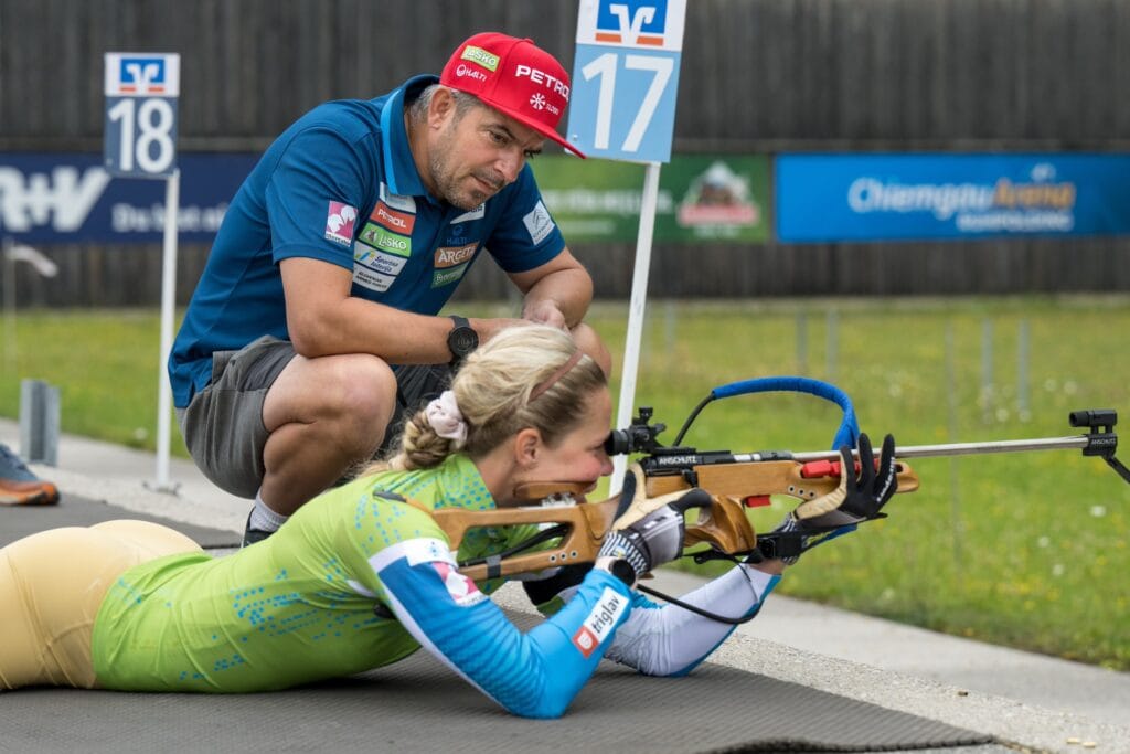 Ricco Gross (GER), coach Team Slovenia, Anamarija Lampic (SLO), (l-r) - Biathlon summer training, Ruhpolding (GER).