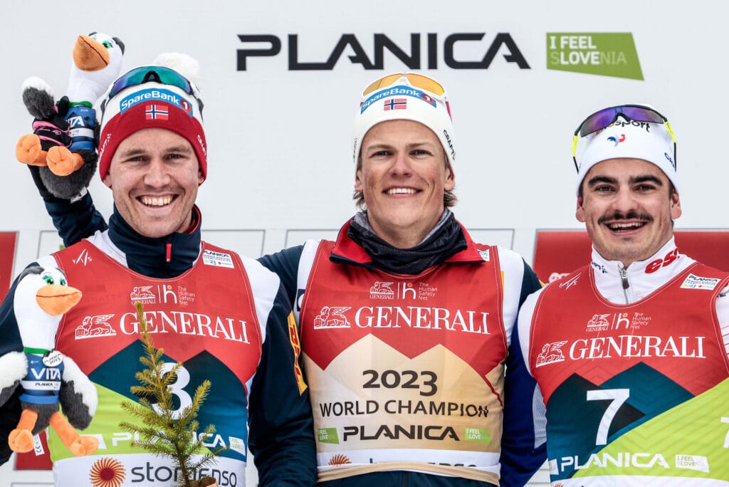 Paal Golberg (NOR), Johannes Hoesflot Klaebo (NOR), Jules Chappaz (FRA), (l-r) - FIS nordic world ski championships cross-country, individual sprint, Planica (SLO).