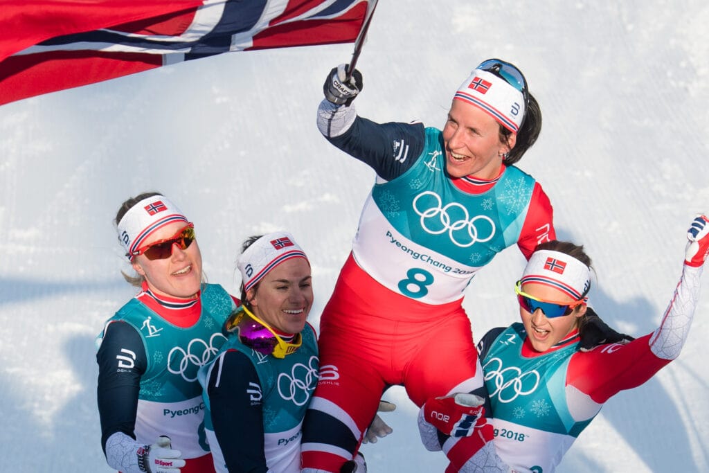 Marit Bjørgen of Norway, Gold, celebrating after the Women's Cross Country 30km Mass Start Classic during day sixteen of the 2018 Winter Olympics on February 21, 2018 in Pyeongchang.