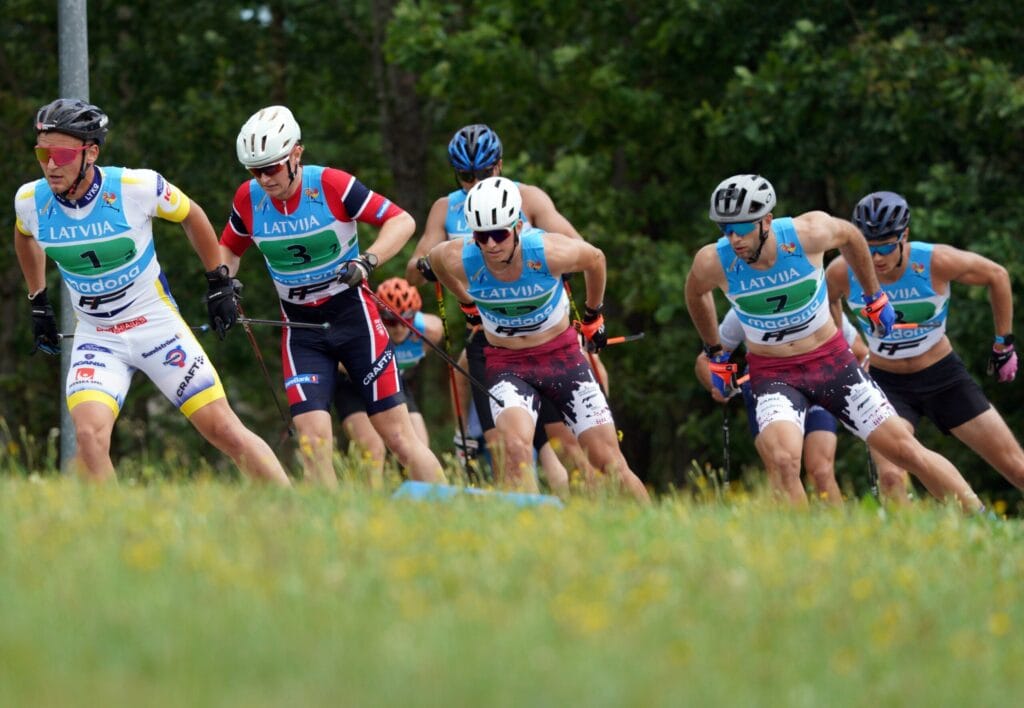 18.07.2024, Madona, Latvia (LAT): Simon Karlsson (SWE), Herman Skram Botterud (NOR), Niks Saulitis (LAT), Raimo Vigants (LAT) - FIS Rollerski World Cup, team sprint, Madona (LAT).