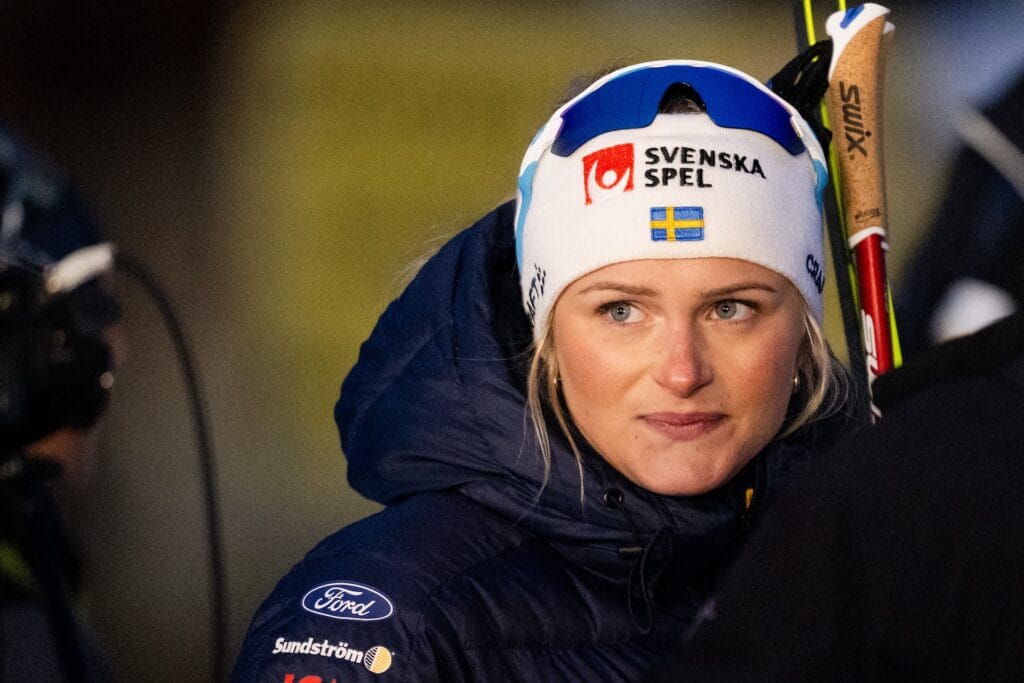 rida Karlsson of Sweden in the mixed zone after women's 10 km free technique mass start during Tour de Ski on January 7, 2024 in Val di Fiemme.