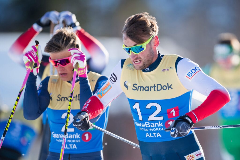 Johannes Høsflot Klæbo and Petter Northug jr. compete in the Men's Team Sprint final during the Norwegian Championship on April 5, 2018 in Alta.