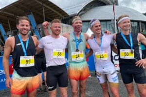 Ola Erling Korbol, Joar Thele, Sigurd Lund Røer, Morten Eide Pedersen og Martin Galleberg etter Birkebeinerlopet 2024. Foto: Ingeborg Scheve/ langrenn.com