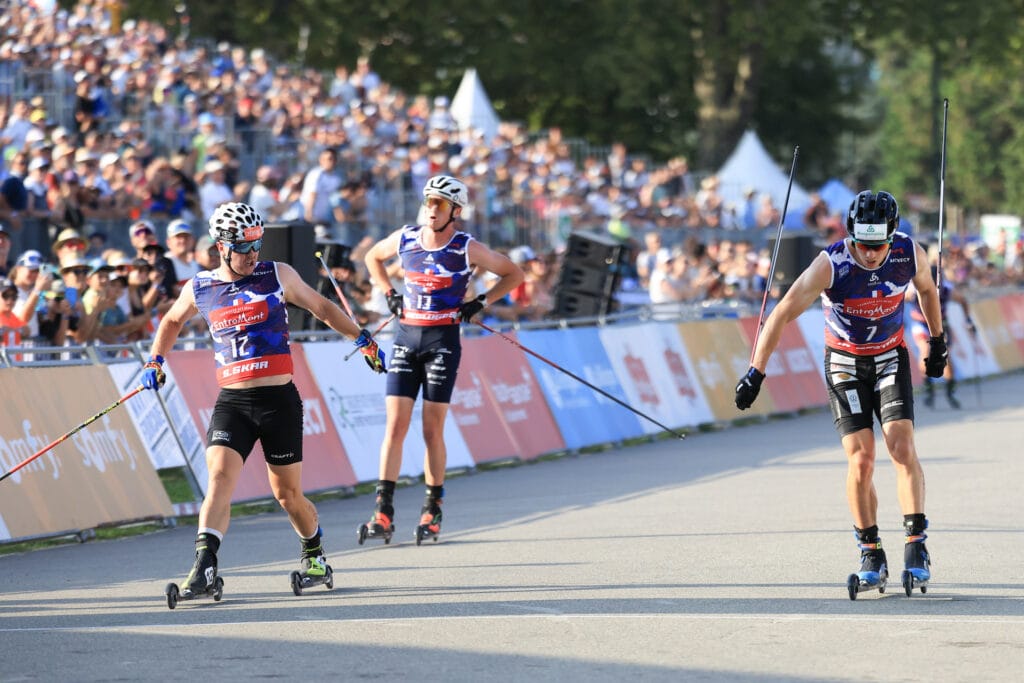 Sindre Bjørnestad Skar (NOR), Mathis Desloges (FRA), Michal Novak (CZE), (l-r) - Martin Fourcade Nordic Festival Cross-Country, Annecy (FRA).