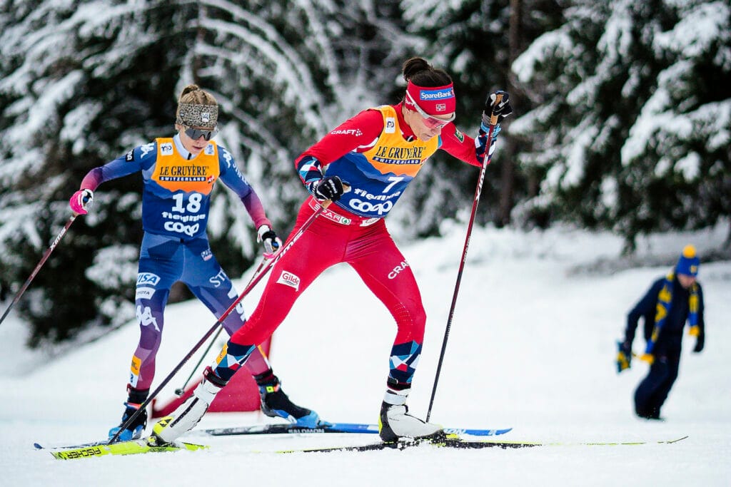 Sophia Laukli (USA), Heidi Weng (NOR), (l-r) - FIS world cup cross-country, tour de ski, final climb, Val di Fiemme 2024