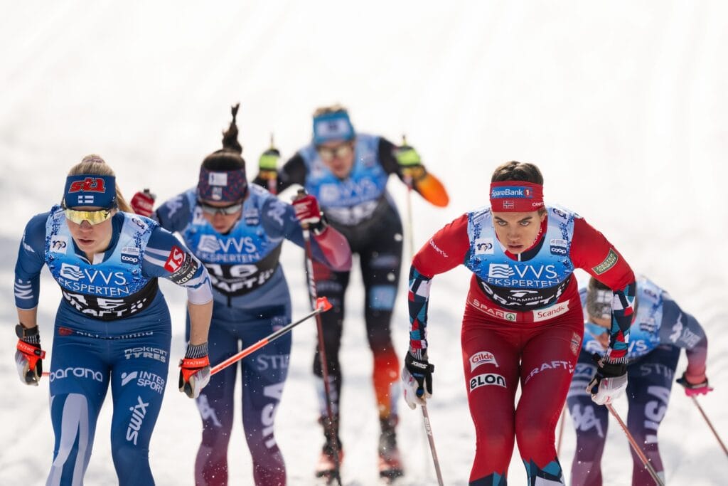 Jasmi Joensuu of Finland and Kristine Stavås Skistad of Norway compete in women's classic technique sprint quarter final during the FIS Cross-Country World Cup on March 12, 2024 in Drammen.