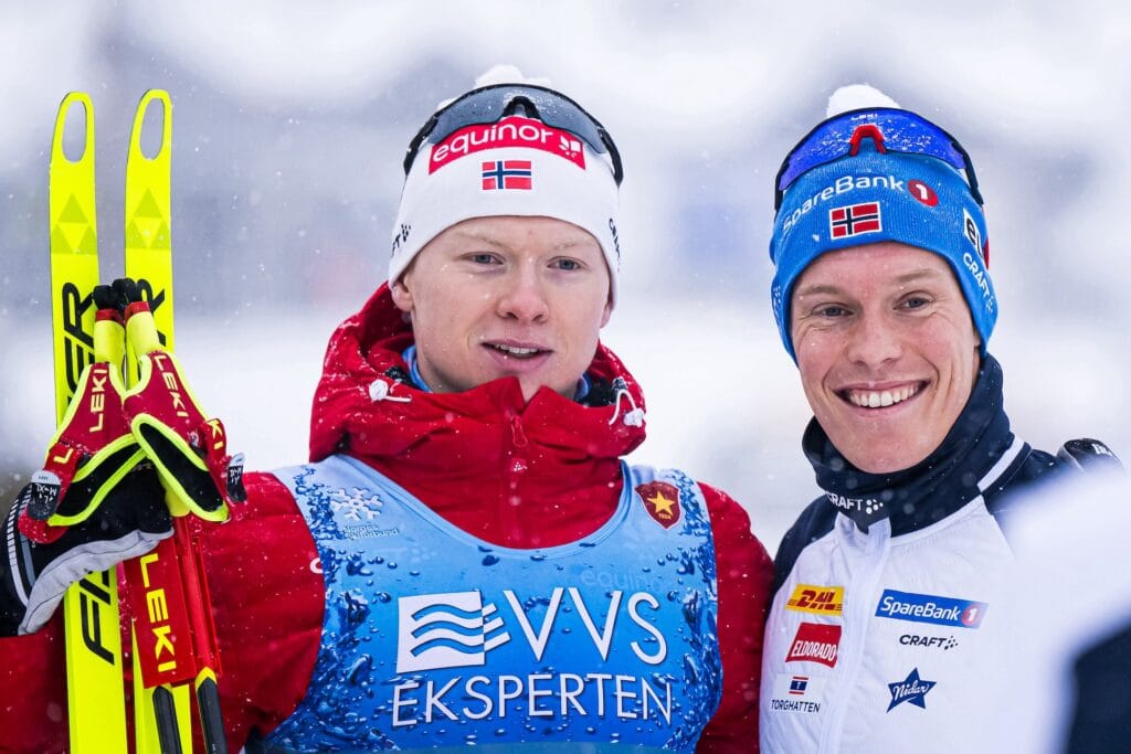 Andreas Fjorden Ree and Martin Løwstrøm Nyenget of Norway after the men’s 10 km free technique interval start during Beitosprinten 2024 on November 24, 2024 in Beitostølen.