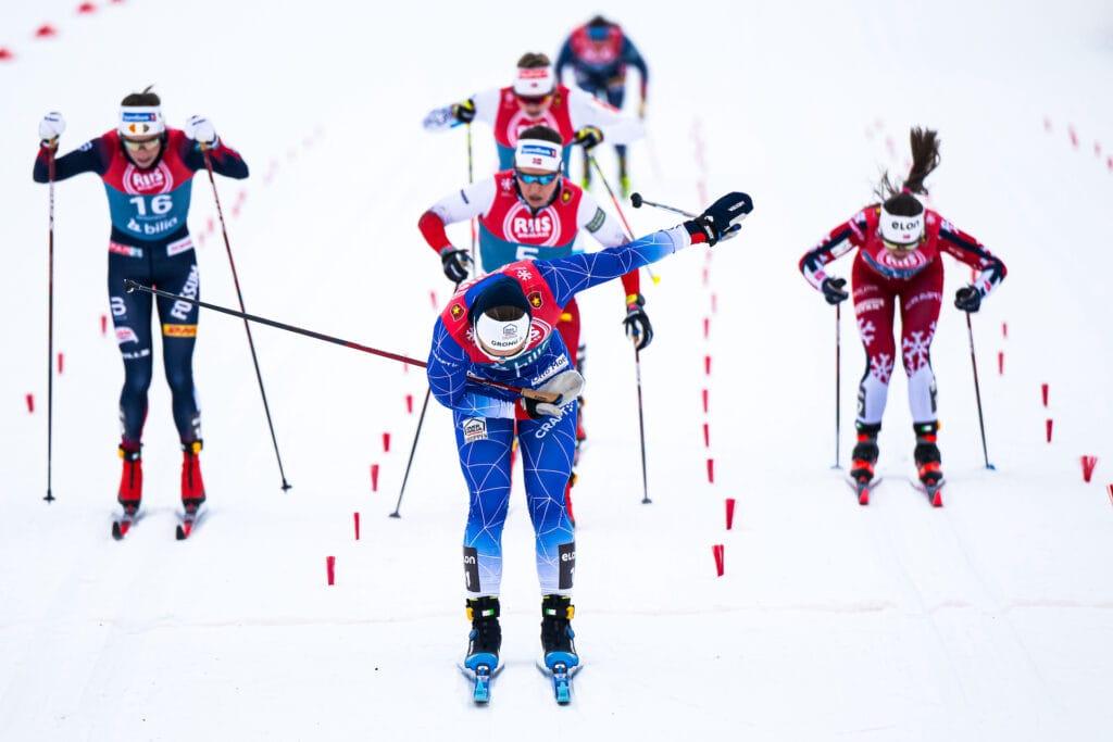 Ane Appelkvist Stenseth of Norway celebrates after winning the women’s cross-country skiing sprint qualification during Beitosprinten 2020 on November 22, 2024 in Beitostølen.