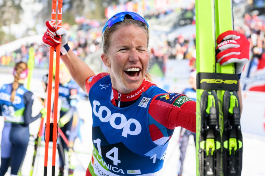Astrid Øyre Slind of Norway (bronze) celebrates after Women's Cross Country Skiing Skiathlon during the FIS Nordic Ski World Championships on February 25, 2023 in Planica. 
