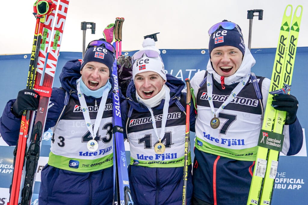 Johan-Olav Botn (NOR), Isak Frey (NOR), Martin Uldal (NOR), (l-r) - IBU Cup Biathlon, sprint men, Idre (SWE). Nordnes/NordicFocus