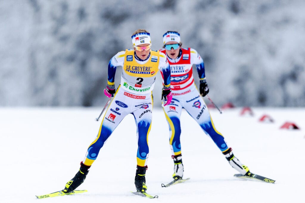 Frida Karlsson and Ebba Andersson of Sweden in the women's 20 km pursuit during the FIS Cross-Country World Cup on November 27, 2022 in Ruka.