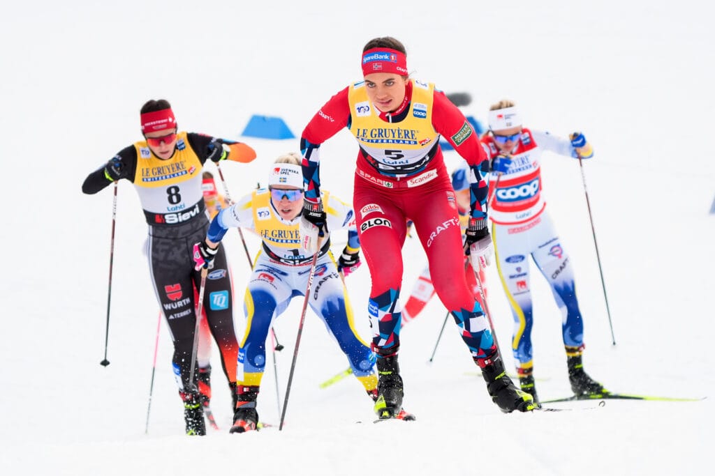 Jonna Sundling of Sweden and Kristine Stavås Skistad of Norway compete in women's sprint semi final during the FIS Cross-Country World Cup on March 3, 2024 in Lahti.