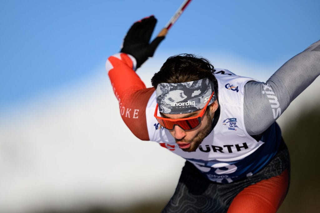 Olivier Leveille of Canada competes in men's sprint qualification during Tour de Ski on January 3, 2024 in Davos.
