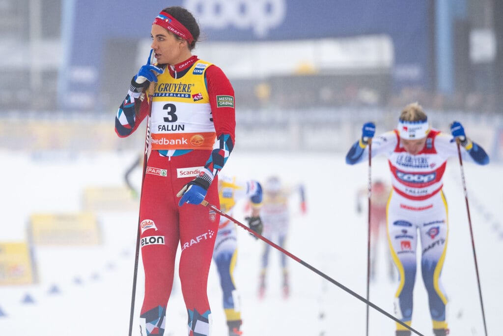 Kristine Stavås Skistad of Norway celebrates after competing in the Women's Sprint final during the FIS Cross-Country World Cup on March 15, 2024 in Falun.