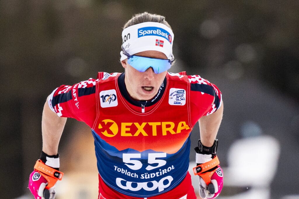 Astrid Øyre Slind of Norway competes in the women's 20 km individual during day four of Tour de Ski on December 31, 2024 in Toblach.