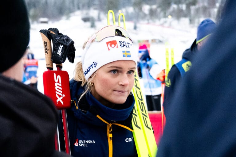 Frida Karlsson of Sweden in the mixed zone after competing in women's cross country skiing 10 km free technique interval start during the FIS Cross-Country World Cup on December 6, 2024 in Lillehammer.