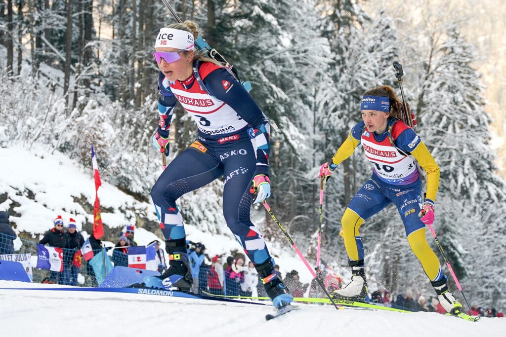 Ingrid Landmark Tandrevold (NOR), Linn Persson (SWE), (l-r) - IBU World Cup Biathlon, sprint women, Ruhpolding (GER).