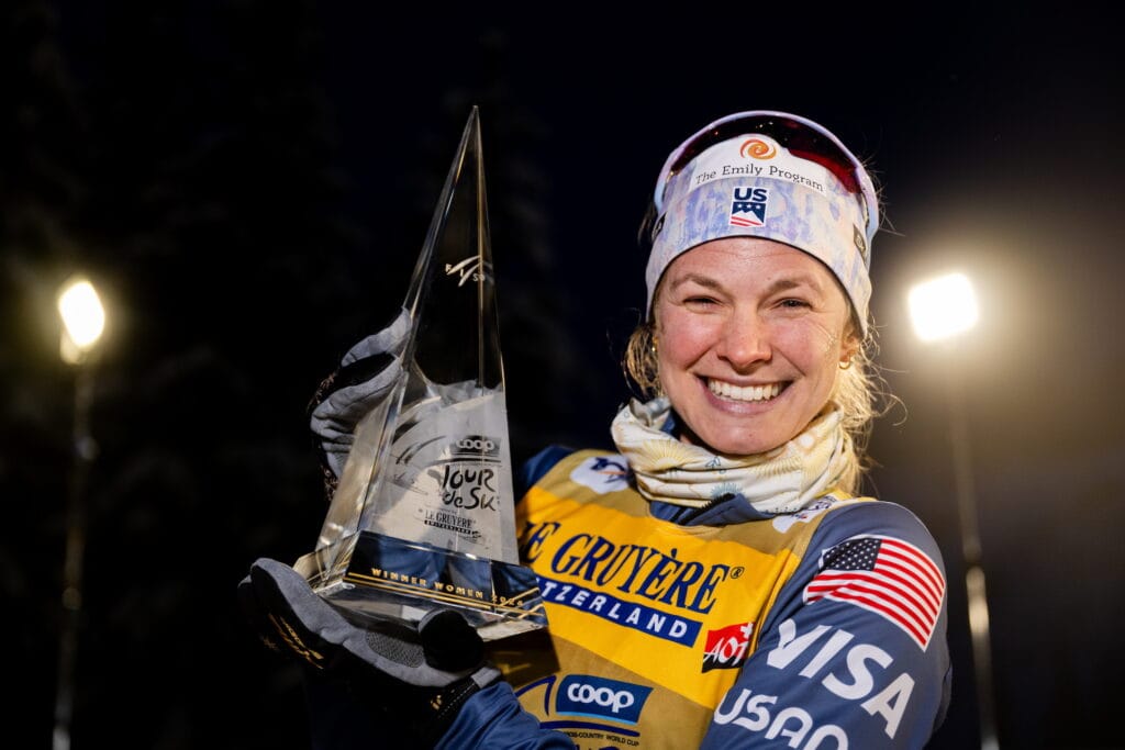 Jessie Diggins of United States poses for a portrait with the trophy after women's 10 km free technique mass start during Tour de Ski on January 7, 2024 in Val di Fiemme.