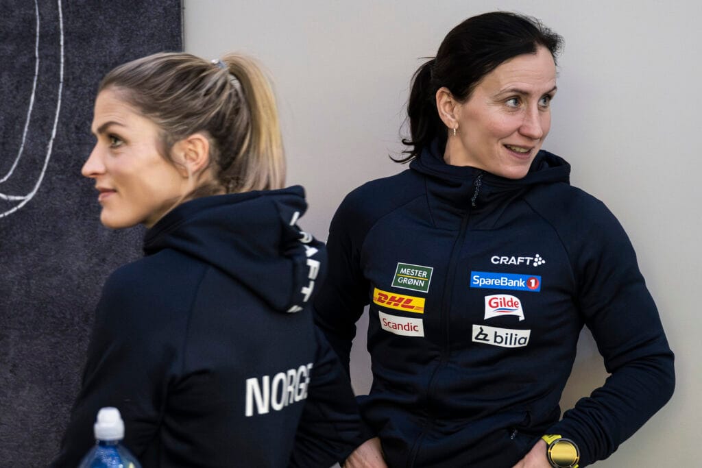 Therese Johaug and Marit Bjørgen, coach, of the Norwegian national cross-country skiing team at a press event ahead of the FIS Cross Country World Cup on December 12, 2024 in Davos.