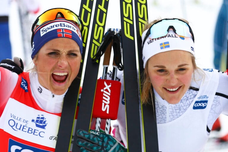 World Cup Final, 10km classic, mass start, ladies. Image shows Therese Johaug (NOR), Stina Nilsson (SWE)